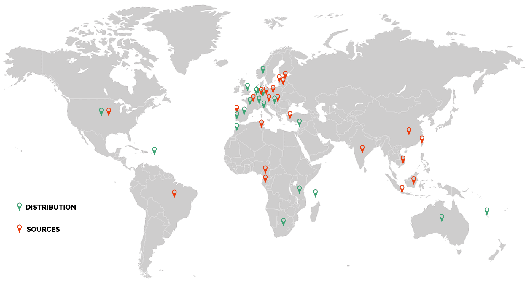 Worldmap of places of distribution and sources